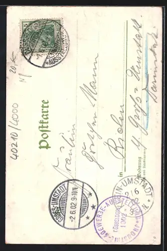 Lithographie Düsseldorf, Ausstellung 1902, Deutscher Beton-Verein, Ausstellungsgebäude mit Denkmal