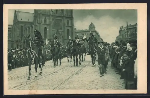 AK Prag, Mustermesse, Strassenpartie mit Reitern