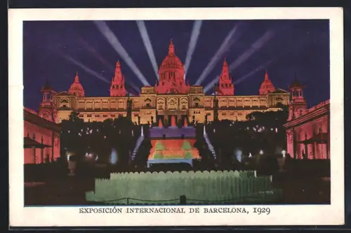 AK Barcelona, Exposición Internacional 1929, Palais National nocturne