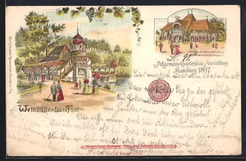 Lithographie Hamburg, Allgemeine Gartenbau-Ausstellung 1897, Gasthaus Weinhütte im Thal