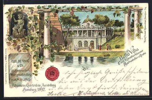 Lithographie Hamburg, Allgemeine Gartenbau Ausstellung 1897, Bella Bista mit Künstlerklause, Bachuskeller und Grotte