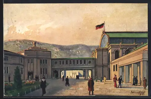 Künstler-AK Stuttgart, Ausstellung für die Gesundheitspflege 1914, Verbindungsbrücke zwischen Haupthalle