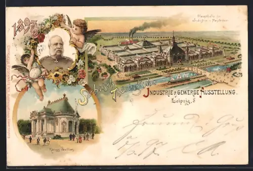 Lithographie Leipzig, Sächs.-Thür. Industrie und Gewerbe-Ausstellung 1897, Messegelände, Portrait und Königs-Pavillon