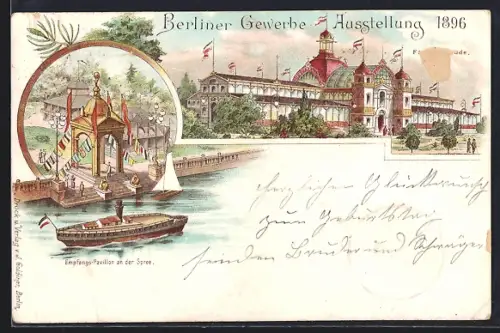 Lithographie Berlin, Gewerbe-Ausstellung 1896, Forst-Gebäude und Empfangs-Pavillon an der Spree