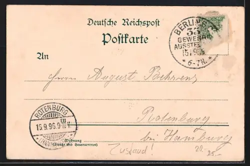 Lithographie Berlin, Gewerbe-Ausstellung 1896, Forst-Gebäude und Empfangs-Pavillon an der Spree