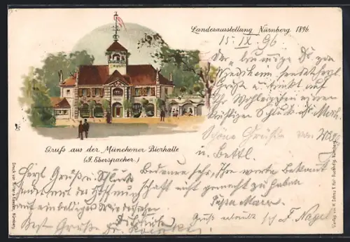 Lithographie Nürnberg, Landesausstellung 1896, Gasthaus Münchener Bierhalle