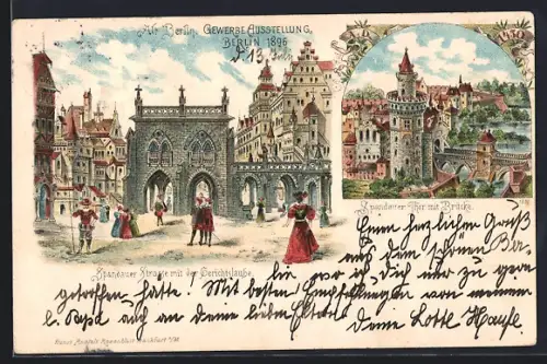 Lithographie Berlin, Gewerbe-Ausstellung 1896, Alt Berlin, Spandauer Strasse mit der Gerichtslaube
