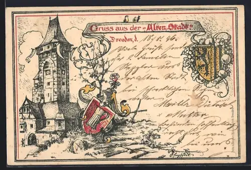 Lithographie Dresden, Ausstellung Alte Stadt, Turm, Ritterhelm mit Wappen