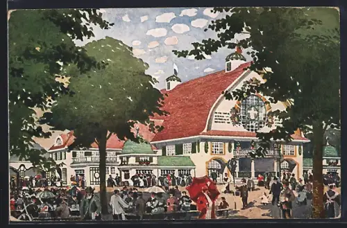 Künstler-AK München, Ausstellung 1908, Ausstellungsbierhalle, Architekten Dietrich, Kurz, Zell