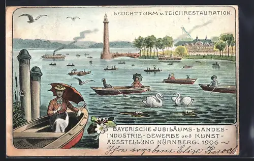 Künstler-AK Nürnberg, Bayerische Jubiläums-Landes-Industrie-Gewerbe und Kunst-Ausstellung 1906, Teichrestaurant