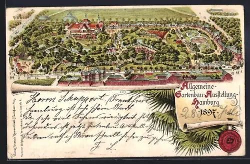 Lithographie Hamburg, Allgemeine Gartenbau-Ausstellung 1897, Ausstellungsgelände