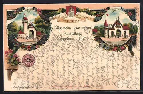 Lithographie Hamburg, Allgemeine Gartenbau-Ausstellung 1897, Eingangstore: Millerntor und Holstentor