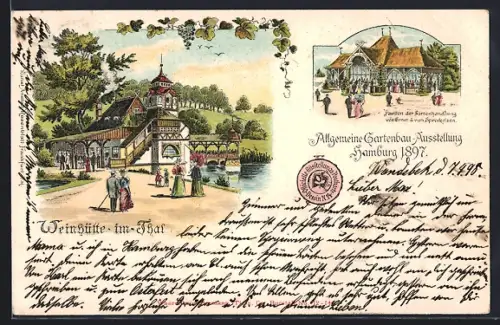 Lithographie Hamburg, Allgemeine Gartenbau-Ausstellung 1897, Gasthaus Weinshütte im Thal