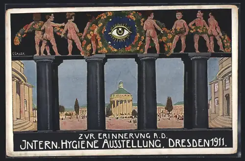 AK Dresden, Intern. Hygiene-Ausstellung 1911, Blick durch Säulen auf das Ausstellungsgelände