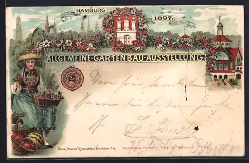 Lithographie Hamburg, Allgemeine Gartenbau-Ausstellung 1897, Ausstellungsgebäude, Frau mit Blumenkorb, Wappen