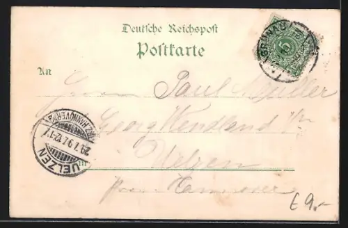 Lithographie Hamburg, Allgemeine Gartenbau-Ausstellung 1897, Ausstellungsgebäude, Frau mit Blumenkorb, Wappen