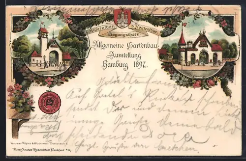 Lithographie Hamburg, Allgemeine Gartenbau-Ausstellung 1897, Eingangstore: Millerntor und Holstentor