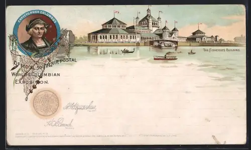 Lithographie Chicago, Worlds Columbian Exposition, The Fisheries Building, Christopher Columbus