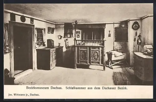 AK Dachau, Bezirksmuseum, Schlafkammer aus dem Dachauer Bezirk