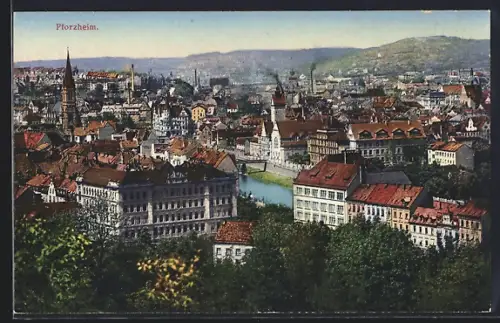 AK Pforzheim, Stadtpanorama mit Fluss und Innenstadt