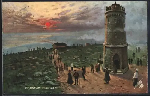 Künstler-AK Brocken, Aussichtsturm, Brockenhotel, Sonnenuntergang