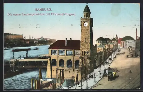 AK Hamburg-St.Pauli, Neue Landungsbrücken mit Elbtunnel-Eingang