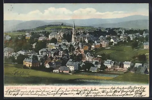 AK Eibenstock i. Erzgeb., Gesamtansicht, Kirche, Blick v. Adlerfelsen