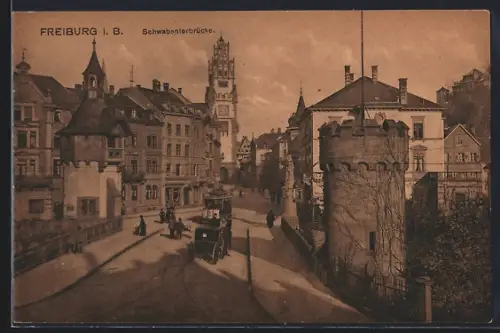 AK Freiburg i. B., Schwabentorbrücke, Strassenbahn