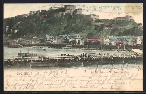 AK Koblenz a. Rh., Schiffsbrücke und Ehrenbreitstein