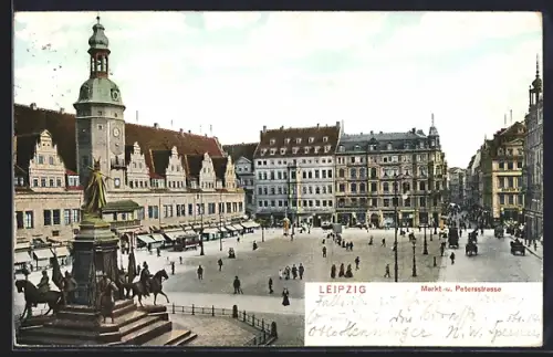 AK Leipzig, Markt, Petersstrasse, Denkmal