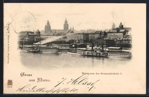 AK Mainz, Strassenszene mit Dom und Dampfschiffen an der Strassenbrücke