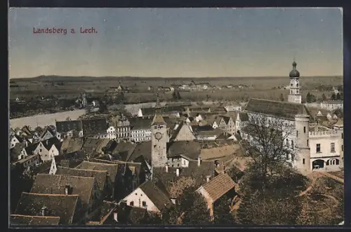 AK Landsberg a. Lech, Stadtansicht mit Kirche und Uhrturm