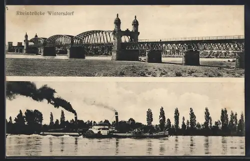 AK Wintersdorf / Rastatt, Rheinbrücke, Dampfschiff auf dem Rhein