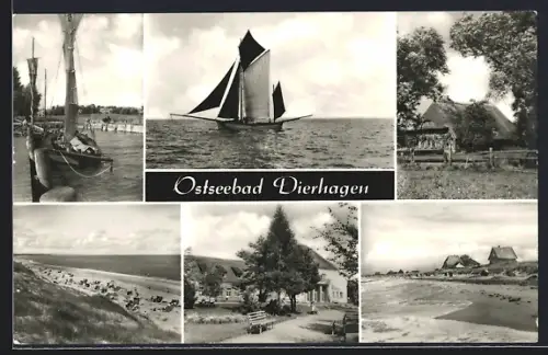 AK Dierhagen, Strand, Segelboote, reetgedeckte Häuser