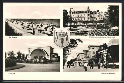 AK Zinnowitz /Usedom, Strand, FDGB Erholungsheim Glück auf, Kurplatz, Ortsansichten