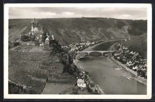 AK Cochem an der Mosel, Burg und Neue Brücke von den Drei Kreuzen