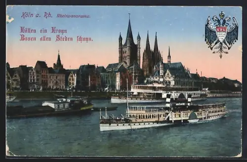 AK Köln a. Rh., Rheinpanorama, Dom, Dampfschiffe