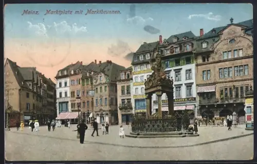 AK Mainz, Marktplatz mit Marktbrunnen
