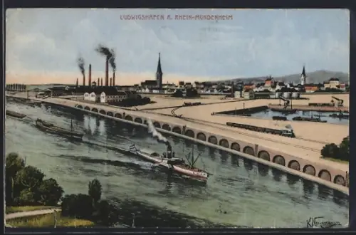 AK Ludwigshafen / Rhein, Mundenheim, Industrieanlagen, Rhein, Dampfschiff
