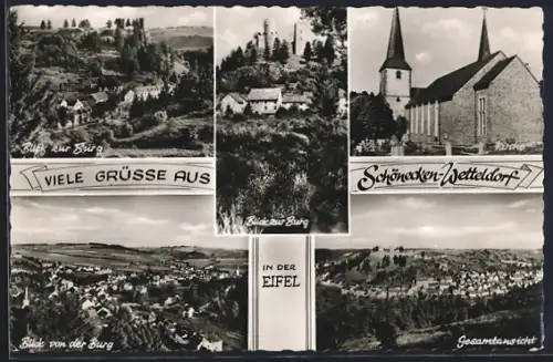 AK Schönecken-Wetteldorf, Burg, Kirche, Gesamtansicht