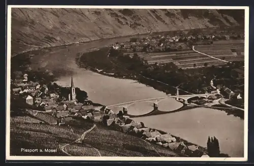 AK Piesport a. Mosel, Ortsansicht, Brücke, Kirche