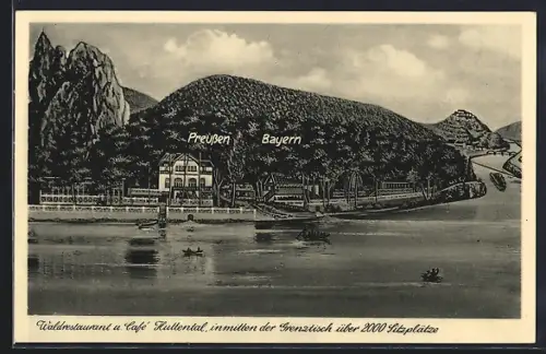 AK Bad Münster a. Stein, Waldrestaurant und Café Huttental, Grenzstück Preussen-Bayern