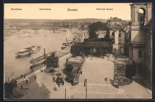 AK Dresden, Albert-Brücke, Carolabrücke, Brühl`sche Terrasse