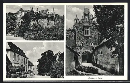 AK Dhaun b. Kirn, Gasthaus zur Burg, Inh. Andreas Horlebein, Blick zur Burg