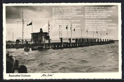 AK Cuxhaven, Gedicht Alte Liebe, Hafenpier
