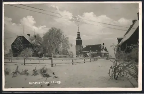 AK Schellerhau i. Erzgeb., Winteransicht mit Kirche