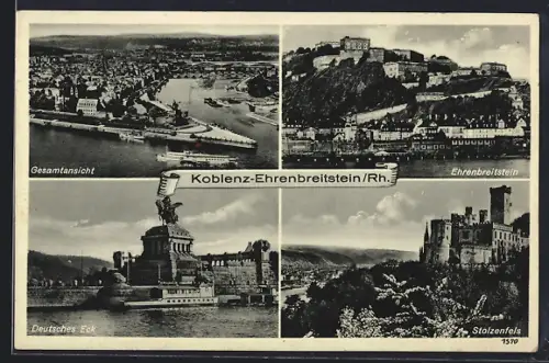AK Koblenz-Ehrenbreitstein /Rh., Gesamtansicht, Ehrenbreitstein, Deutsches Eck, Stolzenfels