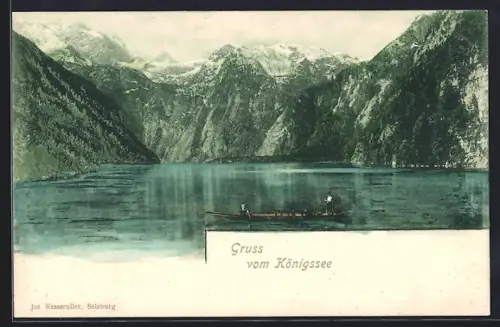 AK Königssee / Berchtesgaden, Ruderboot vor Gebirgspanorama