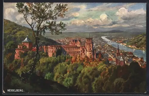 Künstler-AK Heidelberg, Schloss mit Neckarpartie