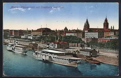 AK Mainz, Rheinansicht, Stadthalle, Dom